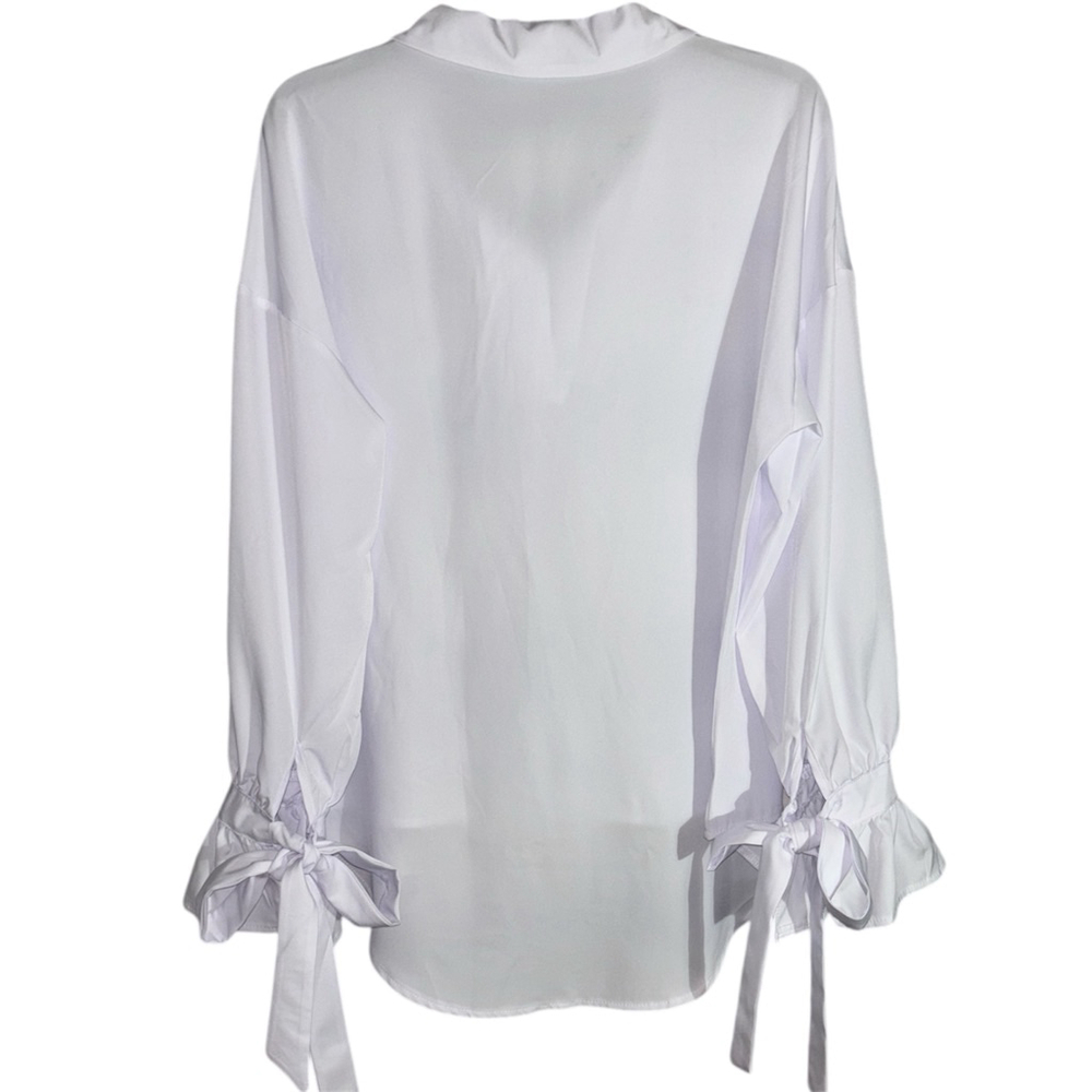 White Oversized Hi-Lo Blouse with Ruffled Cuffs & Tie Sleeves Boutique Size - Picture 5 of 11